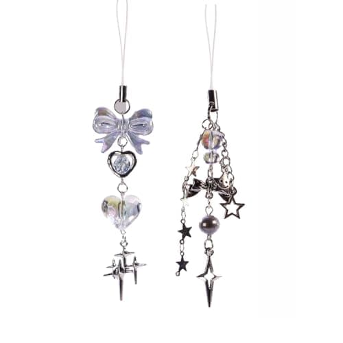 Homvog 1-4PCS Cute Phone Charms Aesthetic Y2K Cell Phone Charms Strap Strawberry Butterfly Star PhoneCharm Y2K Accessories for Bag Keychain Airpods Camera Pendants Decor (2x Blue Heart Star)