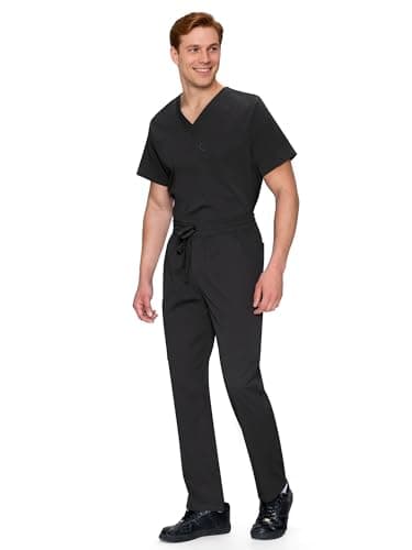 Scrubs for Men Set - V-Neck Scrub Top and Straight Leg Pants with 11 Pockets, Elastic Drawstring Men Scrubs set, Black, M — view 2