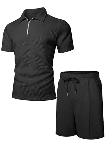 UOUA Men's 2 Piece Summer Polo & Shorts Set Quarter Zip Track Suit for Golf Lounging Casual Outfits Black XL — view 5