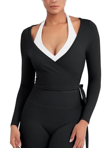 YEOREO Women Pilates Wrap Top Long Sleeve Tie Ballet Workout Yoga Shirt Michelie Y2K V Neck Cropped Tops, Black, Small