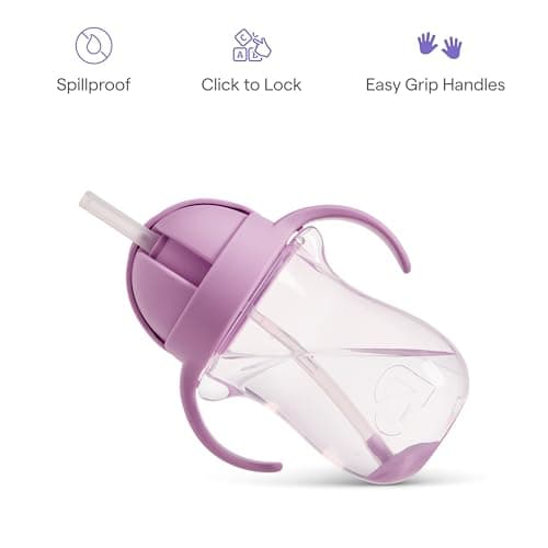 Munchkin Any Angle Spill Proof Weighted Straw Trainer Cup, Transition Sippy Cups for Toddlers and Babies, Click Lock Technology & Fun Cat Design, 10 Ounce, Purple — view 3