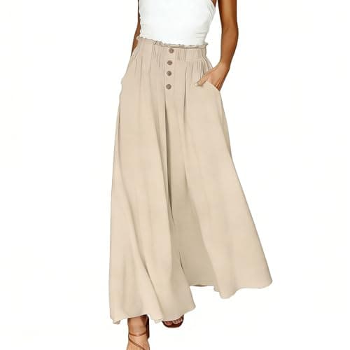 Palazzo Pants Women Summer Elastic High Waisted Wide Leg Flowy Pants for Beach Vacation Comfy Trousers with Pockets Beige