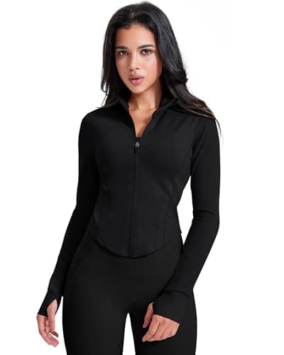 AVGO Workout Jacket for Women Zip Up Cropped Running Jackets Athletic Yoga Gym Tops with Thumb Holes (Z-Black, S)