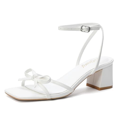 FUTJRNEY Women's Bow Strappy Low Heels(7,White)