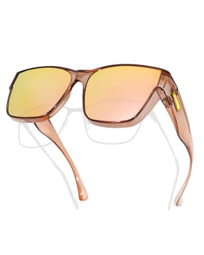 Meeloog Polarized Sunglasses Over Glasses for Men Women, Classic Rectangle Fitover Shades UV400 for Driving Fishing MST0091, P1 Champagne Frame/Pink Mirrored Lens, Standard