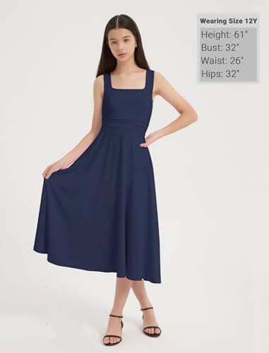 EXARUS Girls Dress Mini/Maxi Teen Padded Flowy Ruffle Ruched Swing Sleeveless Summer Dresses Graduation Dance 8-14Y, Maxi Dark Blue, 14 Years — view 4