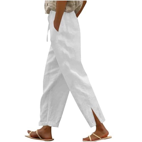 TXGMNA Cotton Linen Pants for Women Casual Loose Flowy Palazzo Pants Drawstring Waist Trousers Summer Beach Vacation Outfits White