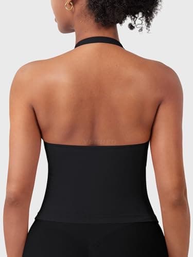 YEOREO SoftHue Women's Impact Halter Tank Top Longline Backless Scoop Neck Built-in Bra Sports Workout Gym Crop Top, Black, Medium — view 3