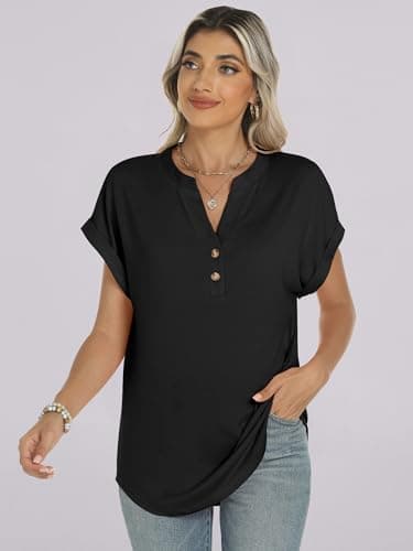 ANRABESS Womens Short Sleeve Henley Tops V Neck Dressy Casual Blouses Summer Trendy Tee Shirts 2026 Vacation Fashion Clothes Black L — view 5