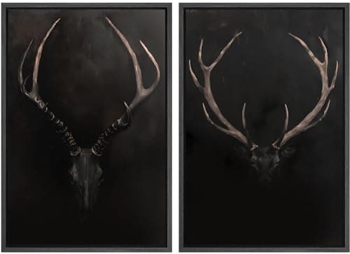 SIGNWIN Framed Canvas Print Wall Art Rustic Antler Skull Dark Dramatic Black Vintage-Inspired Deer and Elk Antlers Illustrations Decorative for Living Room, Bedroom, Office - 24"x36"x2 Black