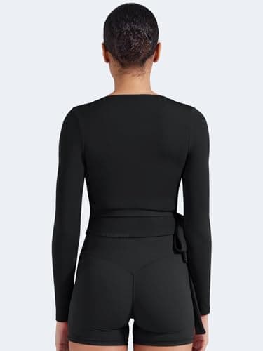 YEOREO Women Pilates Wrap Top Long Sleeve Tie Ballet Workout Yoga Shirt Michelie Y2K V Neck Cropped Tops, Black, Small — view 4