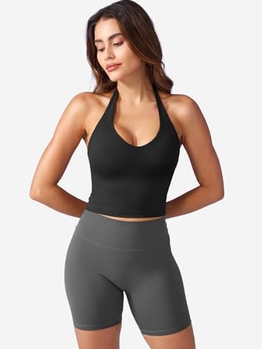 YEOREO Women's Halter Crop Top V Neck Workout Going Out Tank Top Hazel Padded Sleeveless Backless Trendy Summer Camisole Black Small — view 5