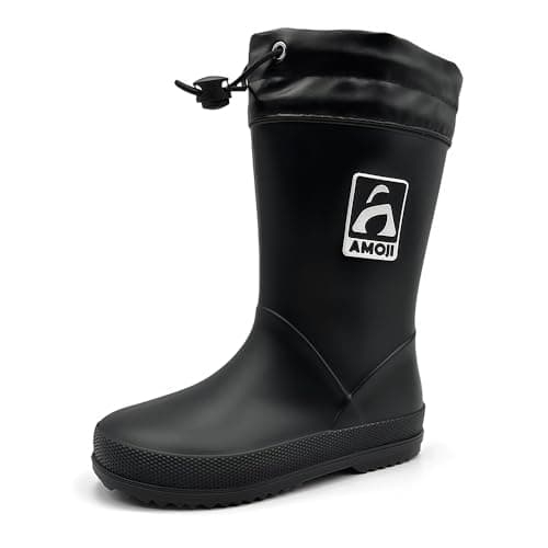 AMOJI Boy Girl Rain Boots Toddler Kid Rubber Boot Children Anti Slip Rain Shoes Child Waterproof Garden Boots with Drawstring Cuff JT6517 Black Size 5-5.5 Big Kid