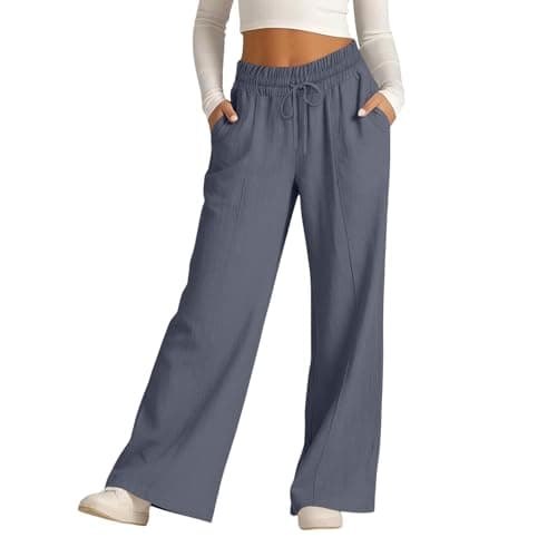 Rseomihvy Women's Cotton Linen Pants Summer Straight Wide Leg Trousers Drawstring Elastic Waist Loose Beach Vacation Outfits Dark Gray — view 6