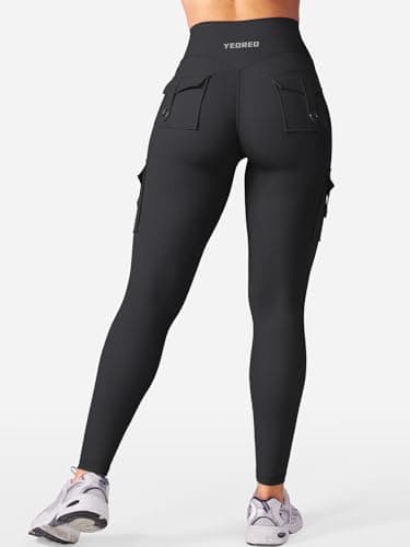 YEOREO CoreFlex Gym Workout Cargo Leggings with Pockets for Women Hidden Scrunch Compression Yoga Pants Black XS — view 6