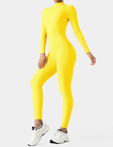 speerise Women Bodysuit Rompers Long Sleeve Jumpsuits Leotards One Piece Tummy Control Yoga Workout Outfits, Yellow, Medium