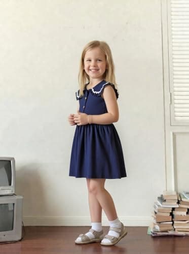 Winzik Girls Dress, Toddler Summer Short Sleeve Cotton Casual Ruffle Dresses Clothes 18M-7Y(5-6 Years, Solid Navy) — view 3