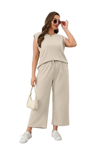 SAMPEEL Two Piece Sets for Women Lounge Casual Fall Outfits Beach Vacation Matching Sets Women Clothing Summer Trendy Sleeveless Tops Wide Leg Crop Pants Beige S — view 2