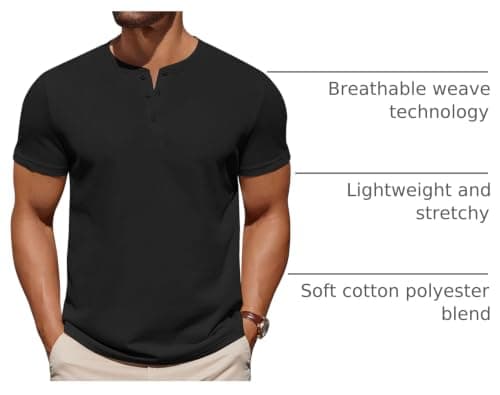 COOFANDY Mens Summer Shirts Henley Cotton Mens T Shirts Casual Undershirt Base Layer Short Sleeve Black — view 3
