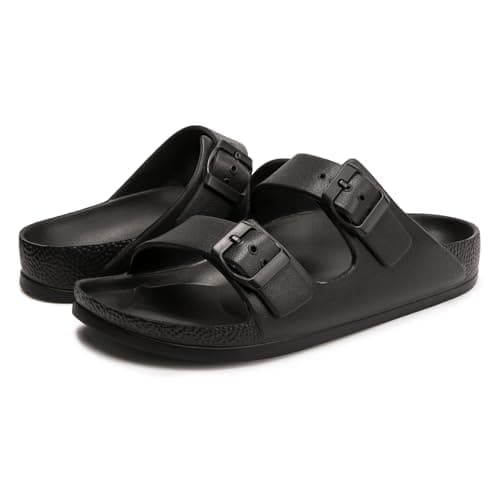 FUNKYMONKEY Women's Comfort Slides with Arch Support, Non-Slip Lightweight Foam Slip-on Flat Beach Sandals with Adjustable Buckle for Vacation & Everyday Wear(9 M US-Women, Black) — view 6