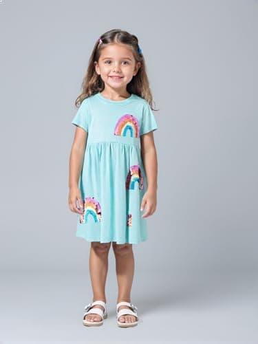 Winzik Toddler Summer Dress, Little Girls Short Sleeve Cotton Casual Dresses Unicorn Easter Clothes 2-8 Years (2-3T, Rainbow Green)