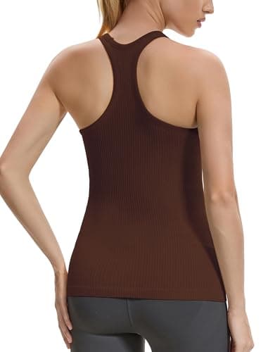Gxpok Workout Tank Tops for Women with Built in Bra, Ribbed Athletic Gym Shirts Racerback Yoga Workout Tops Coffee Brown