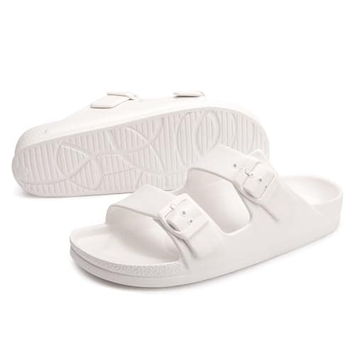 FUNKYMONKEY Women's Comfort Slides with Arch Support, Non-Slip Lightweight Foam Slip-on Flat Beach Sandals with Adjustable Buckle for Vacation & Everyday Wear(8 M US-Women, White) — view 5
