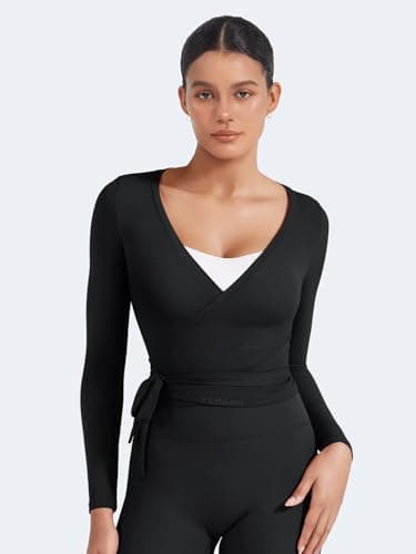 YEOREO Women Pilates Wrap Top Long Sleeve Tie Ballet Workout Yoga Shirt Michelie Y2K V Neck Cropped Tops, Black, Small — view 3