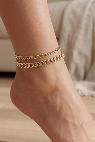 Tewiky Chunky Ankle Bracelets for Women,Dainty Layered Waterproof Anklet for Women Adjustable Cuban Set Stackable Cute Summer Beach Jewelry Gift