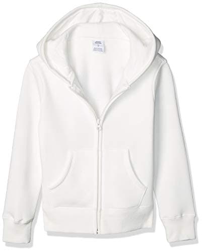 Amazon Essentials Girls' Fleece Zip-Up Hooded Sweatshirt with Lined Hood and Rib Knit Detail, White, Medium