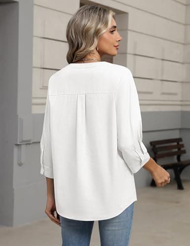 Zeagoo White Button Down Shirt Women 3/4 Sleeve Linen Button Up Blouse Cotton Tops Dressy Casual Outfits 2026 White L — view 3