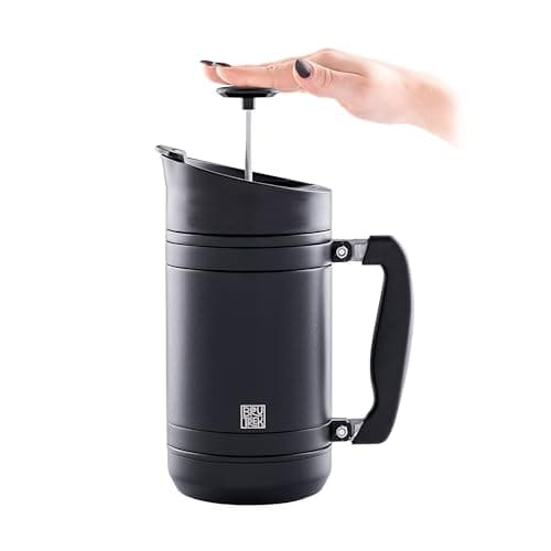 BruTrek® by Planetary Design BaseCamp Coffee Press - Double Wall Insulated Stainless Steel - Bru-Stop Technology, No Grounds in Coffee, No Spill Lid (Obsidian, 32 fl.oz) — view 2