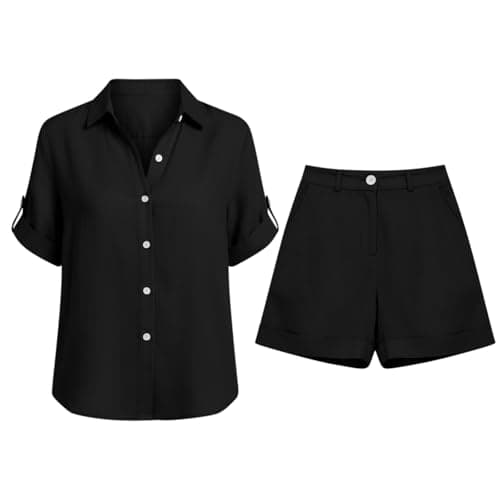 Womens Two Piece Summer Outfits Button Down Short Sleeve Shirt High Waist Shorts Casual Solid Linen Office Lounge Set — view 5