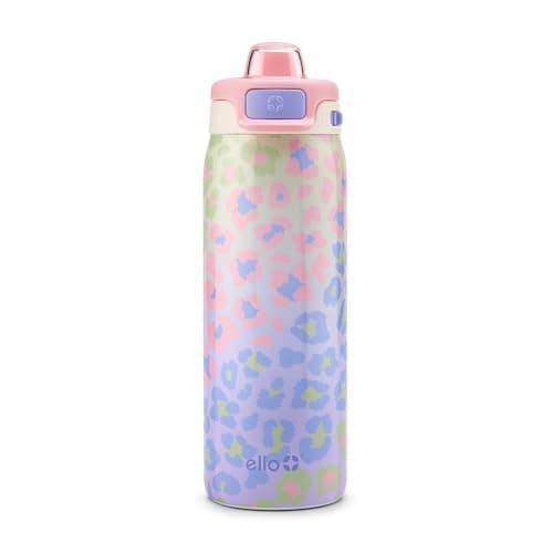 Ello Pop & Fill 18oz Stainless Steel Kids Water Bottle with Quick Fill Lid | Vacuum Insulated BPA Free Bottle with Leak Proof Straw and Chug Lid, Dishwasher Safe, Gift For Kids Teens, Cheetah