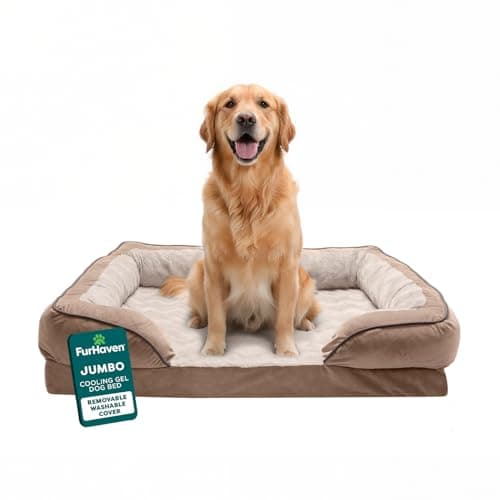 Furhaven Cooling Gel Dog Bed for Large Dogs w/Removable Bolsters & Washable Cover, for Dogs Up to 95 lbs - Plush & Velvet Waves Perfect Comfort Sofa - Brownstone, Jumbo/XL