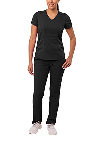 Adar Pro Core Classic Scrub Set for Women - Tailored V-Neck Scrub Top & Tailored Yoga Scrub Pants - P9100P - Black - XXS