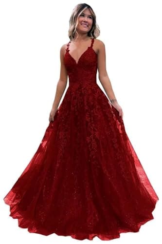 Pairuodas Tulle Lace Appliques Prom Dresses Long Spaghetti Straps A-Line Ball Gown V Neck Formal Evening Party Dress, Burgundy, 6