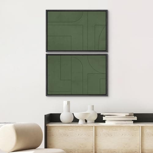 SIGNWIN Framed Canvas Print Wall Art Set Green Mid-Century Polygon Landscape Abstract Shapes Digital Art Modern Art Decorative Minimalism Vintage for Living Room, Bedroom, Office - 24"x36"x2 Black — view 2