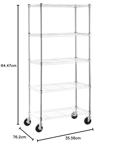 Amazon Basics 5-Shelf Adjustable, Heavy Duty Storage Shelving Unit on 4'' Wheel Casters, Metal Organizer Wire Rack, 30" L x 14" W x 64.8" H, Chrome — view 2