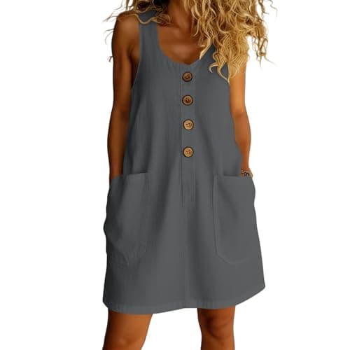 Women Summer Casual Dress Sleeveless Midi Tank Sundress with Pockets V Neck Buttons A Line Cotton Tshirt Dresses Gray-XXL