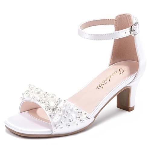Furdeour Girls Dress Shoes White High Heel Princess Size 4 Sandals Big Kids Flower Girl Shoe Prom Dressy Age 12 Sandalias Tacones Daughter Birthday Sparkly Pearl Easter Formal (F2910 White 4)