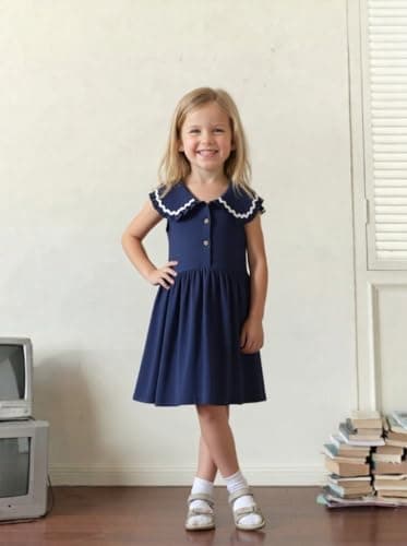 Winzik Girls Dress, Toddler Summer Short Sleeve Cotton Casual Ruffle Dresses Clothes 18M-7Y(5-6 Years, Solid Navy) — view 7