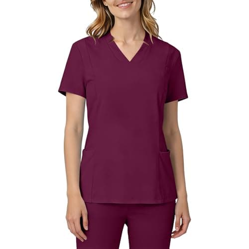 Women Medical Scrub Tops with Notch V Neck Short Sleeve High Elastic Scrubs Classic Lightweight Breathe Nurse Uniform Wine Medium — view 5