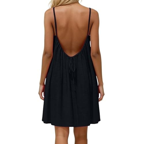Linen Clothes for Women,Backless Mini Cami Dresses Womens Sleeveless Open Back Dress Spaghetti Strap Flowy Sundress Summer Beach Vacation Sling Dress — view 4