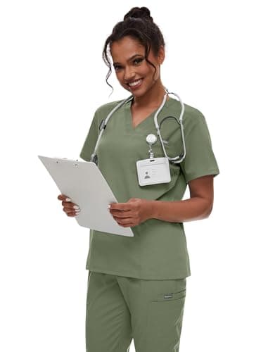 niaahinn Women's Scrub Top with Classic V-Neck & Yoga Jogger Pants Medical Nursing Uniform Set, Olive Green, Small — view 2