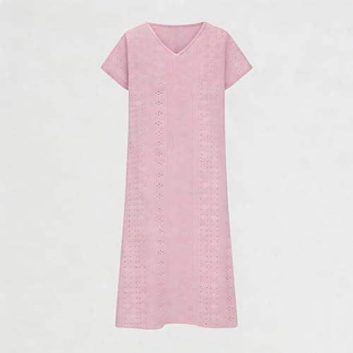 Frostluinai Vacation Dresses for Women 2026 Eyelet Dresses for Women Summer Short Sleeve V Neck Maxi Dress Loose Comfy Flowy Swing Beach Sundress Pink — view 3