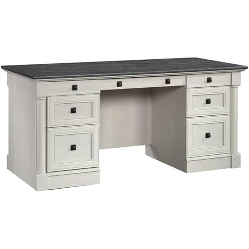 Sauder Palladia Office Desk with Drawers, Executive Desk with File Cabinet Storage, Cable Management, Keyboard Tray, in Glacier Oak Finish