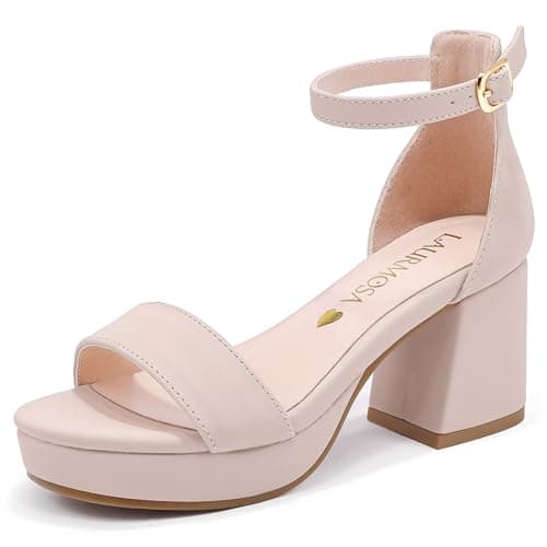 LAURMOSA Girls High Heels for Kids Dress Shoes Flower Girl Shoes Wedding Party Platform Dress Sandals Open Toe Ankle Strap Nude Block Heels Big Kids Cute Wedges Pumps Size 2 (CAL1038NuNude 2)