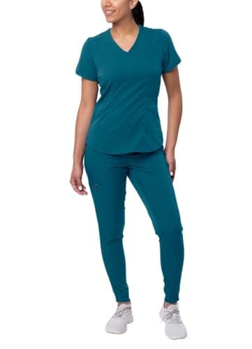 Adar Pro Modern Athletic Scrub Set For Women - Modern V-Neck Scrub Top & Yoga Jogger Scrub Pants - P9500 - Caribbean Blue - S
