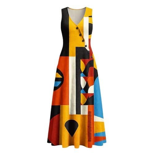 Maxi Sundresses for Women,Summer Vacation Boho Beach Dress,Sleeveless Pure Floral Asymmetric Button V Neck Dresses — view 4